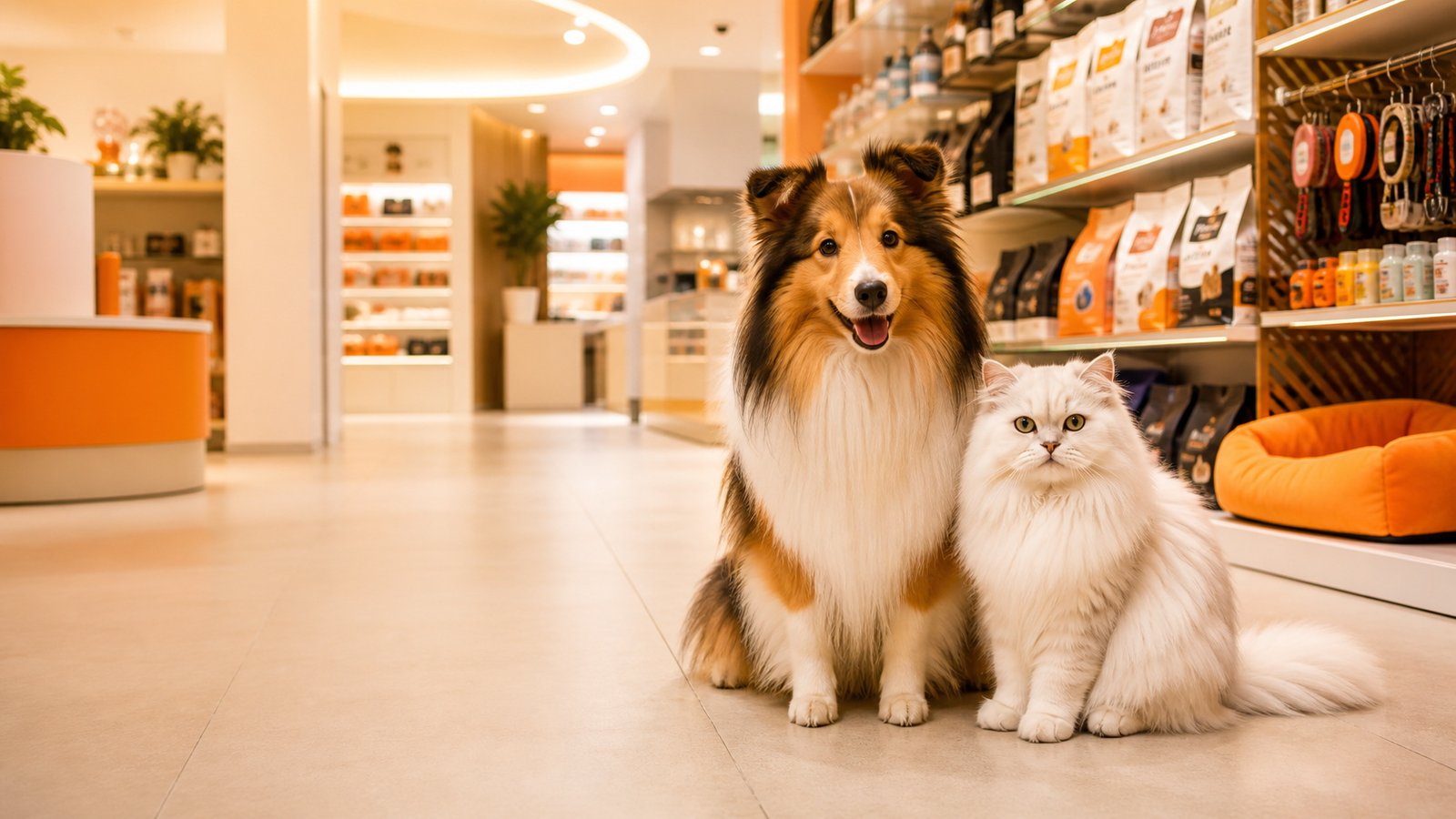 Cão e gato juntos em um pet center Doobro Pet